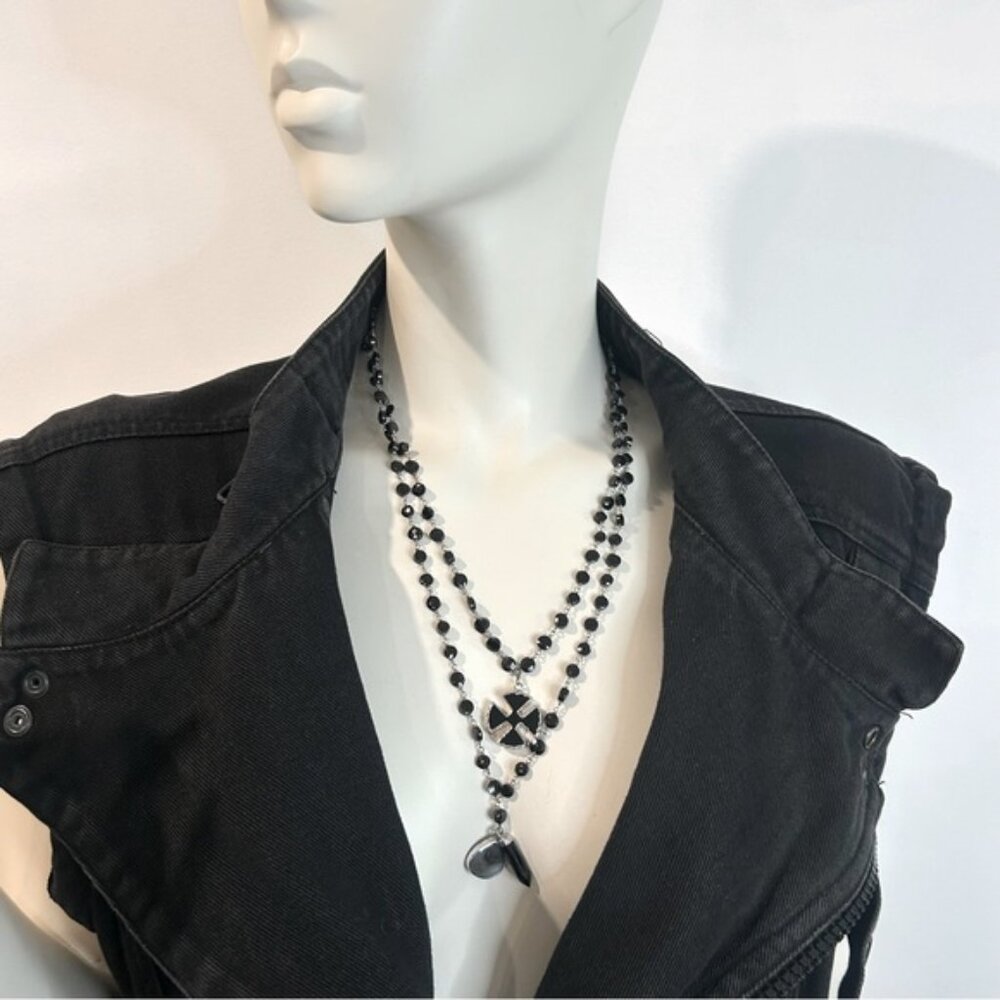Whimsigoth Sterling Silver  Obsidian Bead Double Chain With Pendants Necklace